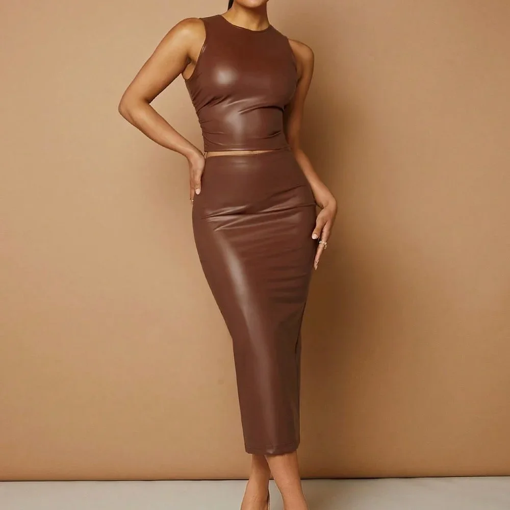 Brown Elegant Womens Solid PU Leather Tank Top & Pencil Skirt - Picture 5 of 5